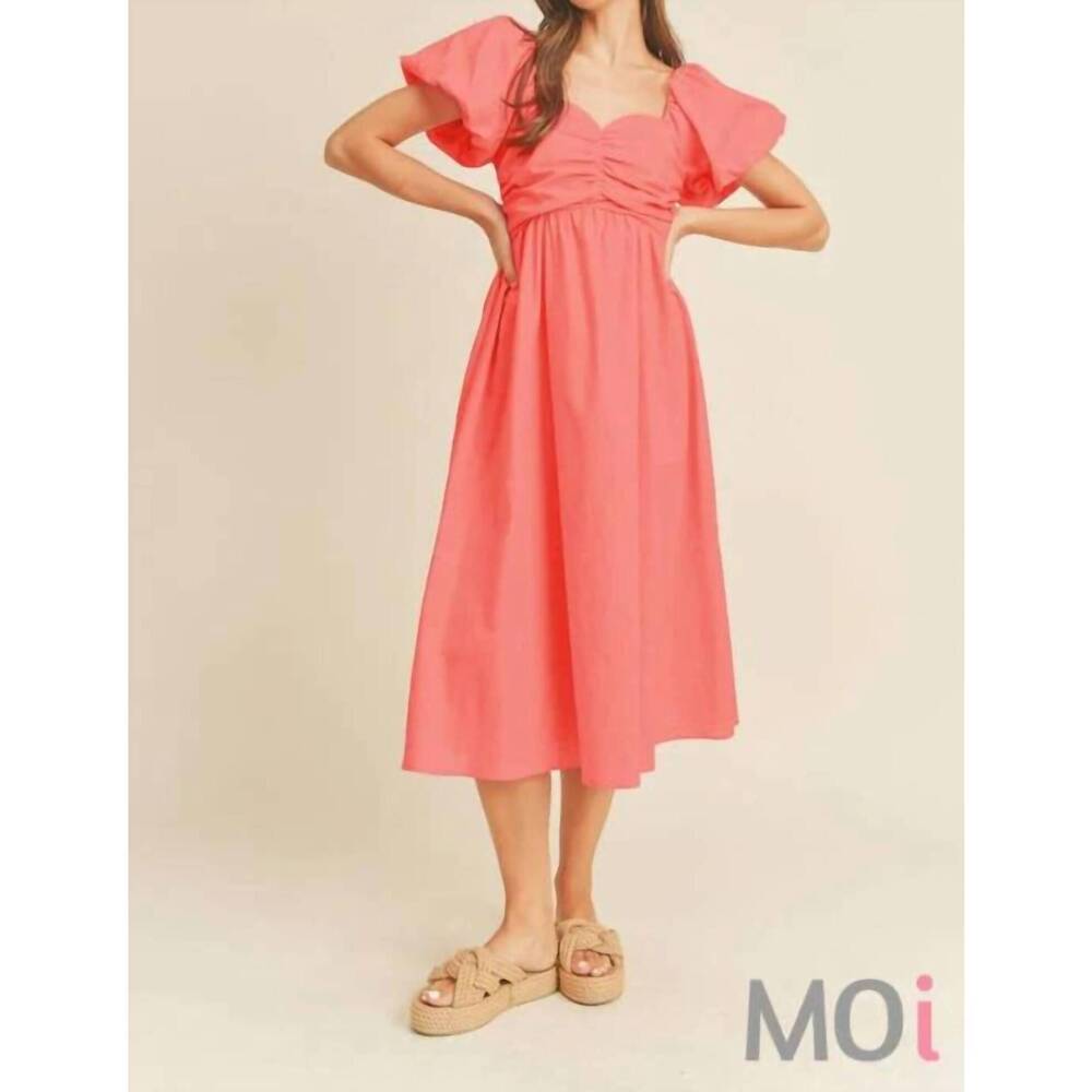 NEW &MERCI puff sleeve midi dress in coral